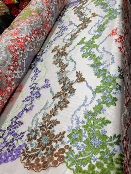 1 Yard Multicolor Bridal Floral Mesh Lace Fabric for Dresses, Decor, Gowns 54 Inch Width