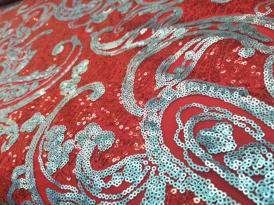 1 Yard Turquoise Black Paisley Bridal Lace Fabric with Sequin Embroidery Elegant Sheer Mesh 54 Inch Width