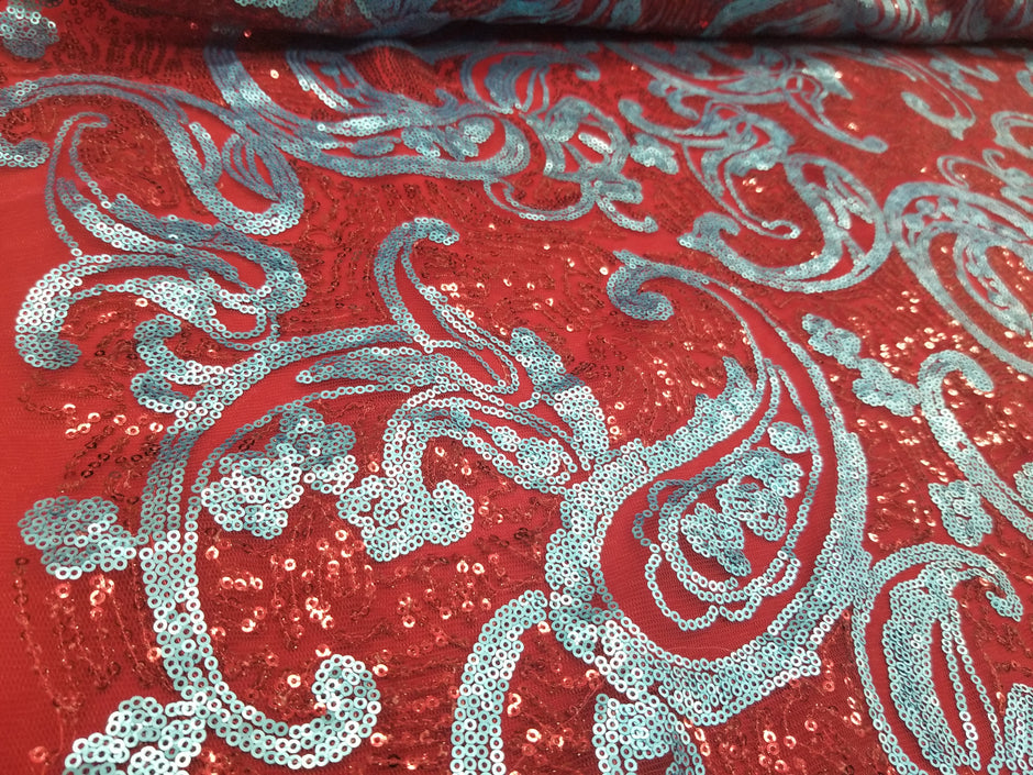 1 Yard Turquoise Black Paisley Bridal Lace Fabric with Sequin Embroidery Elegant Sheer Mesh 54 Inch Width