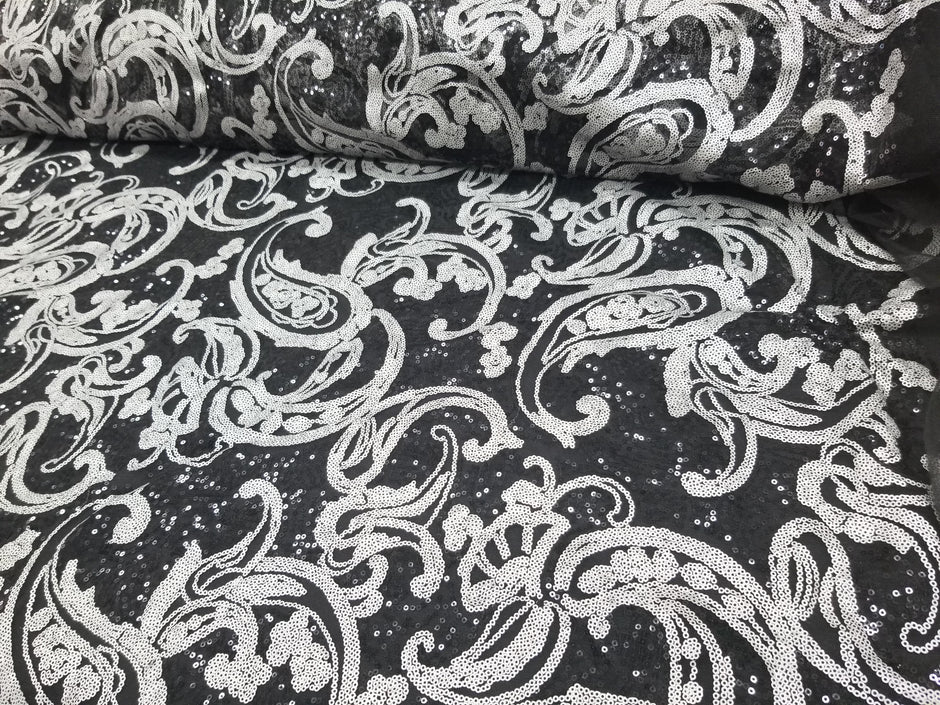 1 Yard Turquoise/Black Elegant Paisley Bridal Lace Fabric With Sequins Embroidery 50/52 Inch Width
