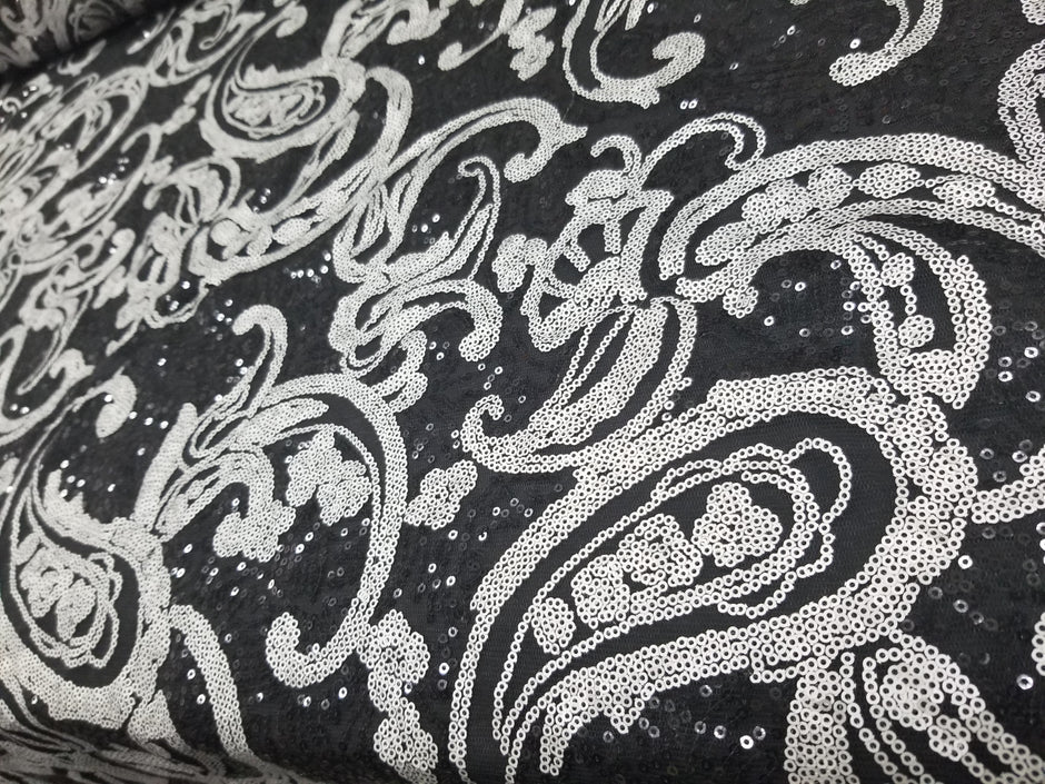 1 Yard Turquoise/Black Elegant Paisley Bridal Lace Fabric With Sequins Embroidery 50/52 Inch Width