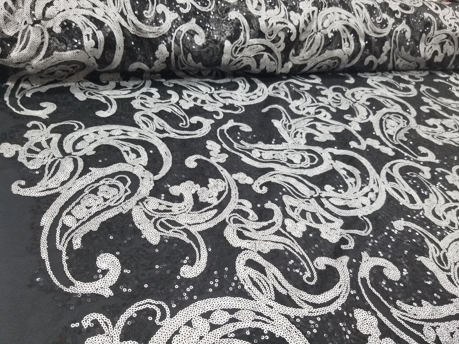 1 Yard Turquoise/Black Elegant Paisley Bridal Lace Fabric With Sequins Embroidery 50/52 Inch Width