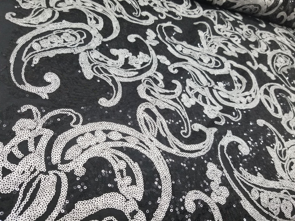 1 Yard Turquoise/Black Elegant Paisley Bridal Lace Fabric With Sequins Embroidery 50/52 Inch Width