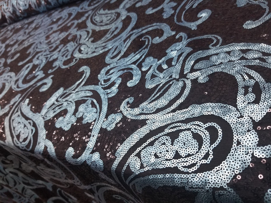 1 Yard Turquoise/Black Elegant Paisley Bridal Lace Fabric With Sequins Embroidery 50/52 Inch Width
