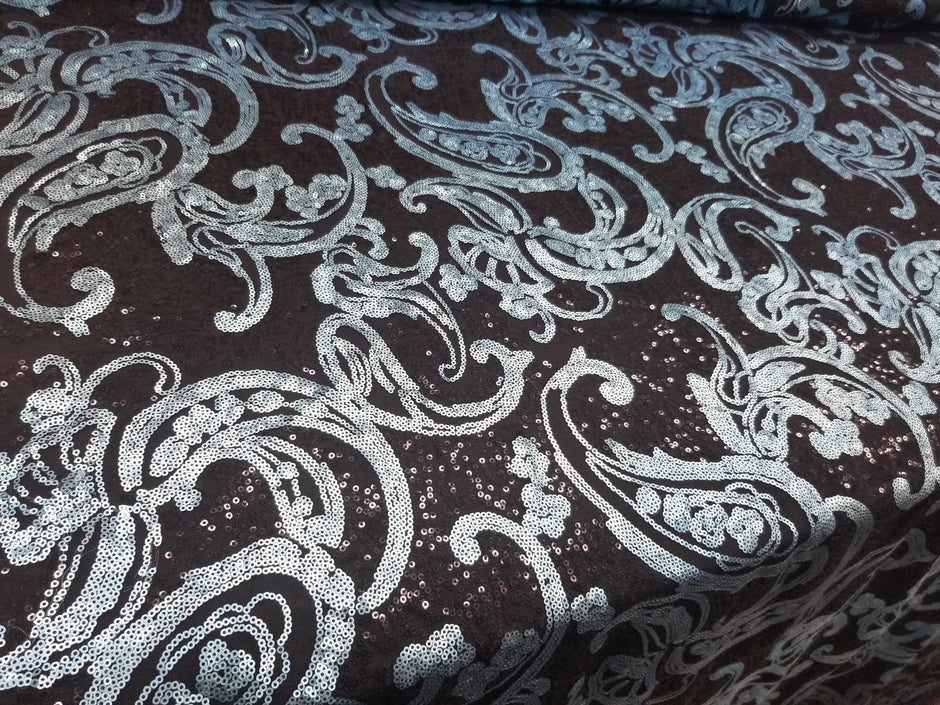 1 Yard Turquoise/Black Elegant Paisley Bridal Lace Fabric With Sequins Embroidery 50/52 Inch Width