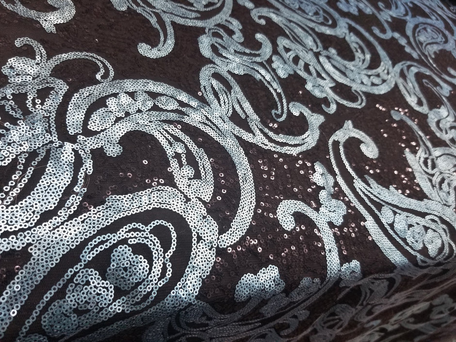 1 Yard Turquoise/Black Elegant Paisley Bridal Lace Fabric With Sequins Embroidery 50/52 Inch Width