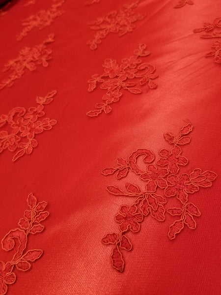 1 Yard Elegant Red Floral Embroidery Lace Mesh Fabric for Wedding Dresses 50 Inch Width