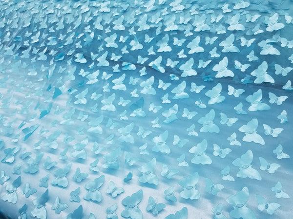 1 Yard 3D Butterfly Embroidered Aqua Mesh Lace Fabric for Dresses and Crafts 50 Inch Width