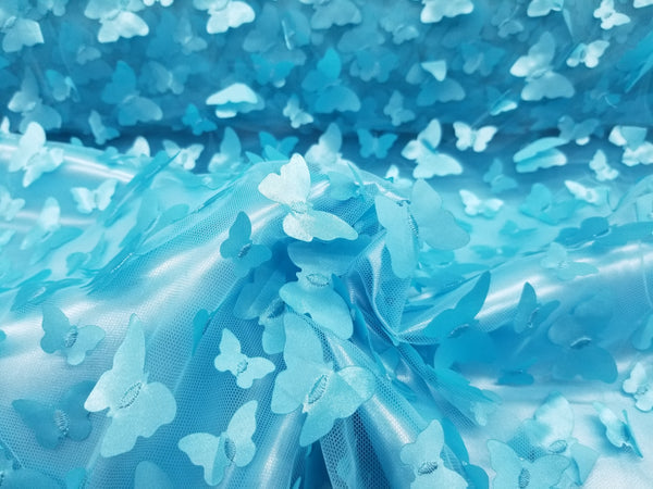 1 Yard 3D Butterfly Embroidered Aqua Mesh Lace Fabric for Dresses and Crafts 50 Inch Width