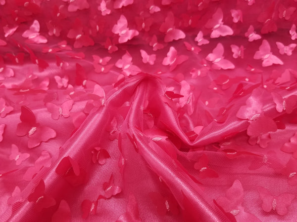 1 Yard 3D Butterfly Embroidered Fuschia Mesh Lace Fabric for Dresses and Crafts 50 Inch Width