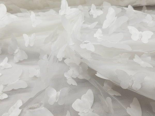 1 Yard Ivory 3D Butterfly Embroidered Mesh Tulle Fabric for Dress Decor 54 Inches Wide