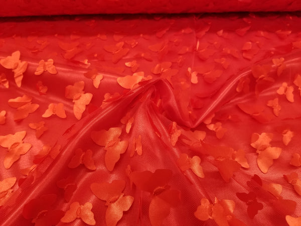 1 Yard Red 3D Butterfly Embroidered Mesh Tulle Fabric for Dress Decor 54 Inches Wide
