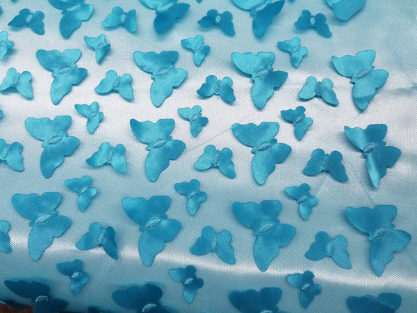 1 Yard Turquoise 3D Butterfly Embroidered Mesh Tulle Fabric for Dress Decor 54 Inches Wide
