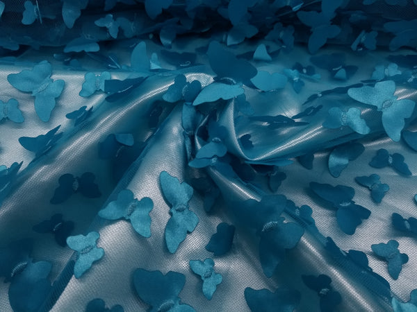 1 Yard Turquoise 3D Butterfly Embroidered Mesh Tulle Fabric for Dress Decor 54 Inches Wide