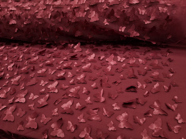 1 Yard 3D Butterfly Embroidered Burgundy Mesh Lace Fabric for Dresses and Crafts 50 Inch Width