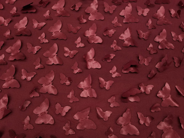 1 Yard 3D Butterfly Embroidered Burgundy Mesh Lace Fabric for Dresses and Crafts 50 Inch Width