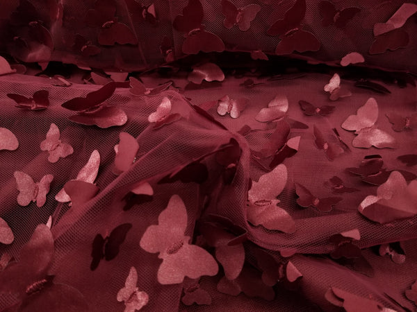 1 Yard 3D Butterfly Embroidered Burgundy Mesh Lace Fabric for Dresses and Crafts 50 Inch Width