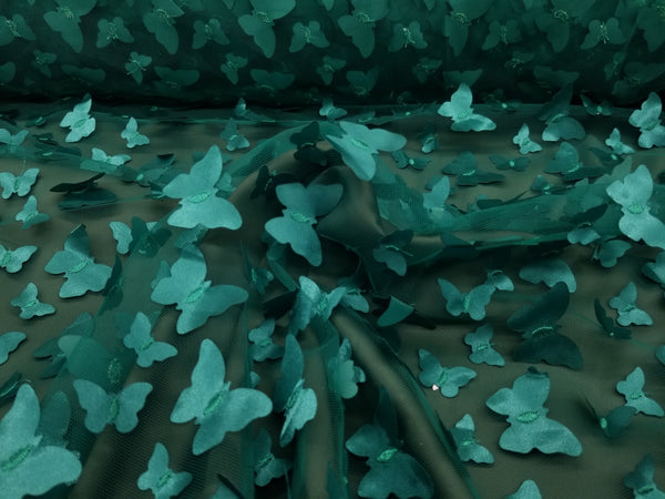 1 Yard Green 3D Butterfly Embroidered Mesh Tulle Fabric for Dresses & Decorations, 54" Wide