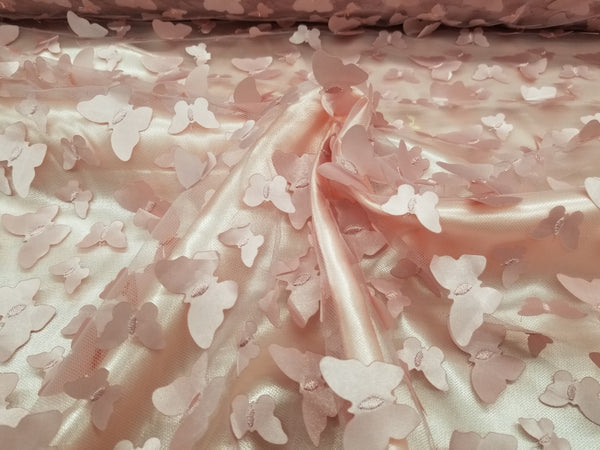 1 Yard 3D Butterfly Embroidered Blush Mesh Lace Fabric for Dresses and Crafts 50 Inch Width