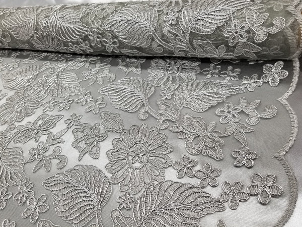 1 Yard Silver Lurex Floral Paisley Bridal Lace Fabric Elegant Embroidery 54 Inch Width