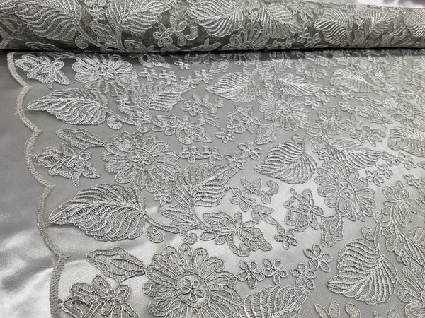 1 Yard Silver Lurex Floral Paisley Bridal Lace Fabric Elegant Embroidery 54 Inch Width