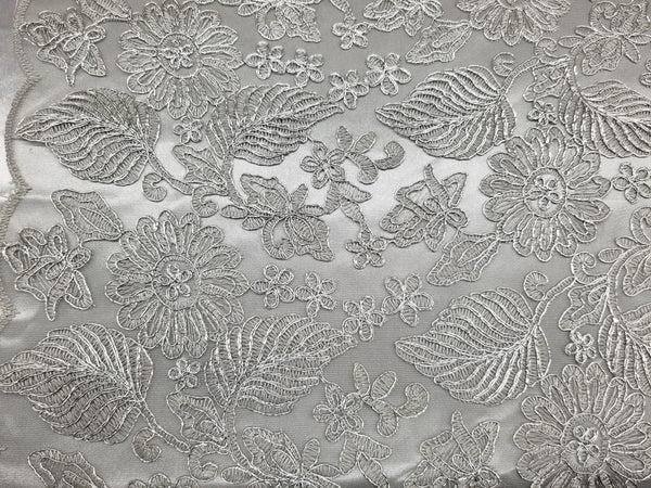 1 Yard Silver Lurex Floral Paisley Bridal Lace Fabric Elegant Embroidery 54 Inch Width