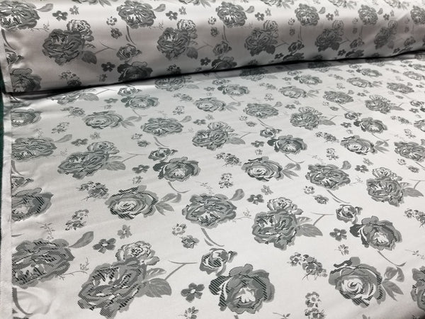 1 Yard Charcoal Silver Floral Satin Jacquard Brocade Fabric for Jackets Dresses Decor 60 Inch Width
