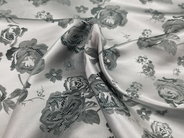 1 Yard Charcoal Silver Floral Satin Jacquard Brocade Fabric for Jackets Dresses Decor 60 Inch Width