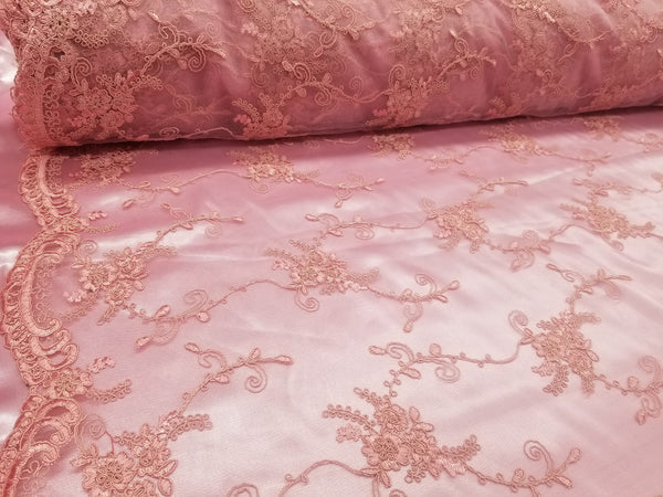 1 Yard Dusty Rose French Floral Mesh Lace Fabric for Bridal Dresses and Decor 54 Inch Width