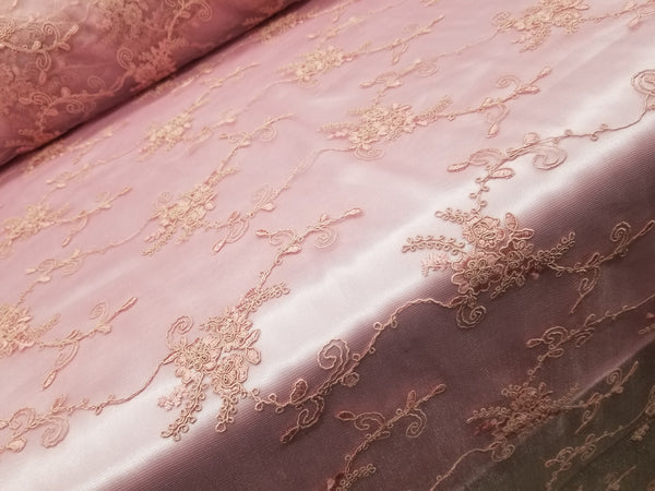 1 Yard Dusty Rose French Floral Mesh Lace Fabric for Bridal Dresses and Decor 54 Inch Width