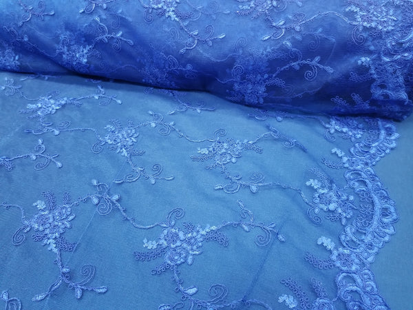 1 Yard Royal Blue French Floral Mesh Lace Fabric for Bridal Dresses and Decorations 54 Inch Width
