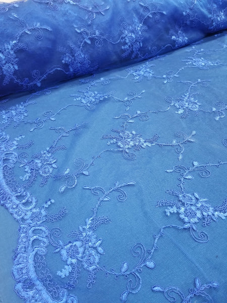 1 Yard Royal Blue French Floral Mesh Lace Fabric for Bridal Dresses and Decorations 54 Inch Width