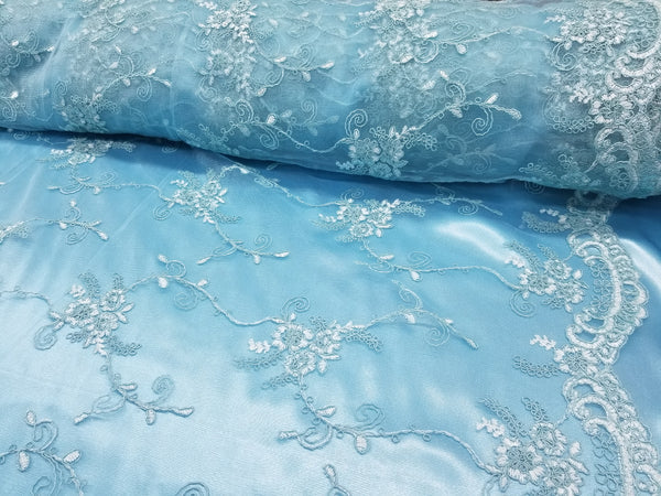 1 Yard Turquoise French Floral Mesh Lace Fabric for Bridal Dresses and Décor 54 Inch Width