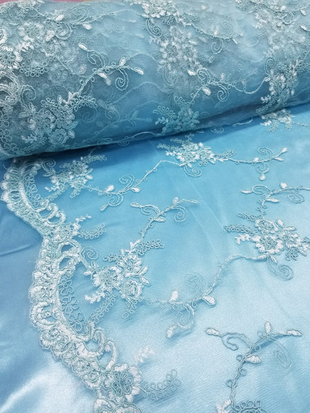 1 Yard Turquoise French Floral Mesh Lace Fabric for Bridal Dresses and Décor 54 Inch Width