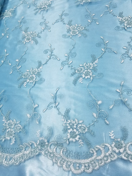 1 Yard Turquoise French Floral Mesh Lace Fabric for Bridal Dresses and Décor 54 Inch Width