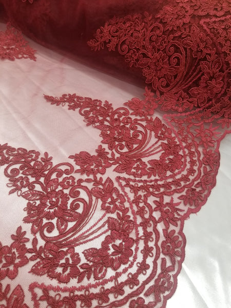 1 Yard Burgundy French Floral Mesh Lace Fabric for Bridal Gowns and Décor 54 Inch Width