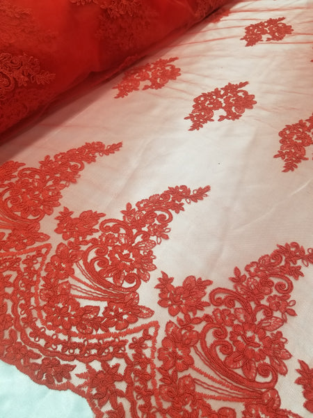 1 Yard Red French Floral Mesh Lace Fabric for Bridal Dresses and Decorations 54 Inch Width