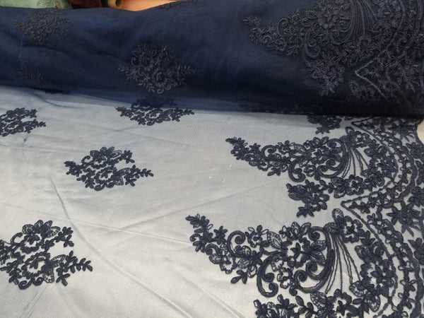 1 Yard Navy French Floral Mesh Lace Fabric for Bridal Dresses and Event Decor 54 Inch Width