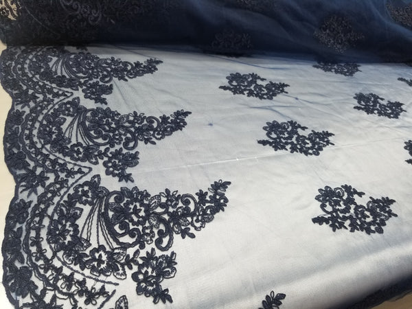 1 Yard Navy French Floral Mesh Lace Fabric for Bridal Dresses and Event Decor 54 Inch Width