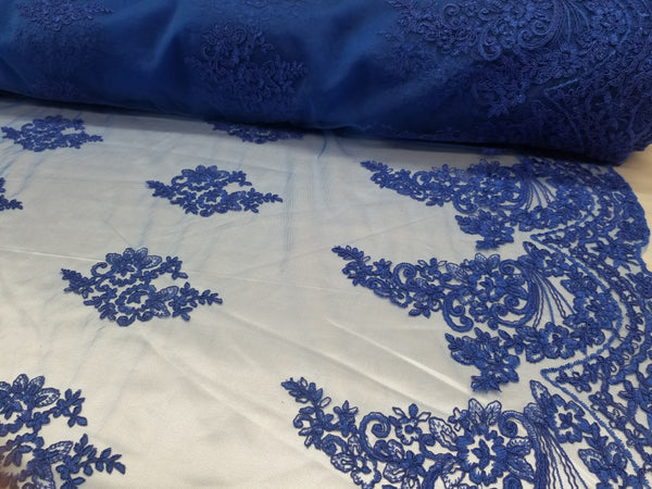 1 Yard Royal Blue French Floral Mesh Lace Fabric for Wedding Dresses and Decor 54 Inch Width