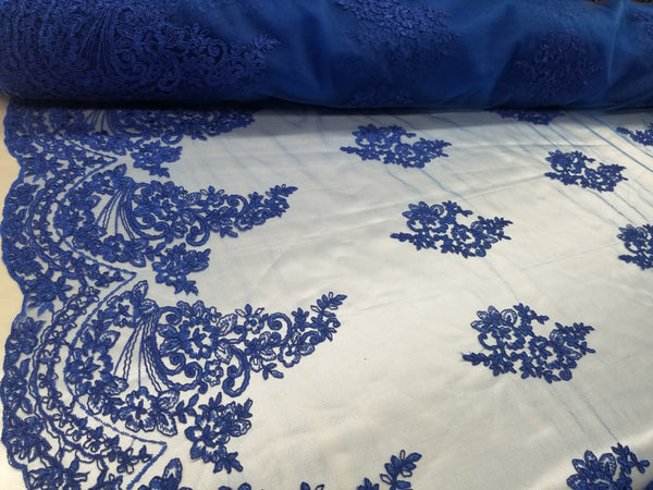 1 Yard Royal Blue French Floral Mesh Lace Fabric for Wedding Dresses and Decor 54 Inch Width