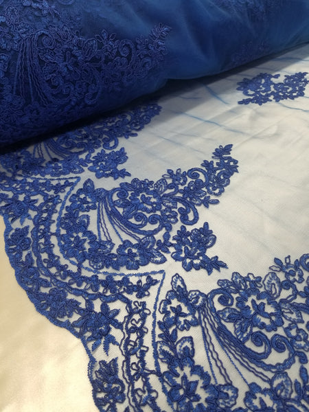 1 Yard Royal Blue French Floral Mesh Lace Fabric for Wedding Dresses and Decor 54 Inch Width