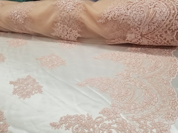 1 Yard Pink French Floral Mesh Lace Fabric for Bridal Dresses and Decor 54 Inch Width