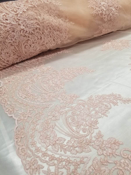 1 Yard Pink French Floral Mesh Lace Fabric for Bridal Dresses and Decor 54 Inch Width
