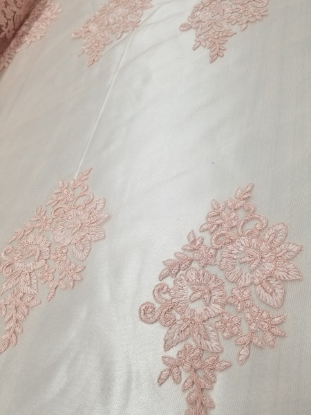 1 Yard Pink French Floral Mesh Lace Fabric for Bridal Dresses and Decor 54 Inch Width