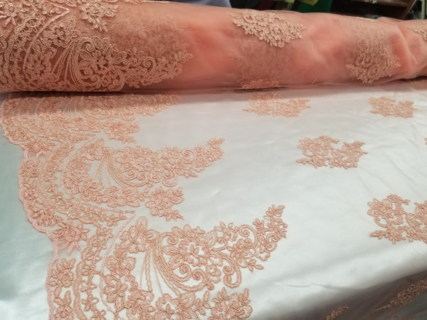 1 Yard Coral French Floral Mesh Lace Fabric for Bridal Dresses and Event Decor 54 Inch Width