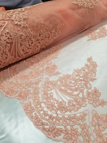 1 Yard Coral French Floral Mesh Lace Fabric for Bridal Dresses and Event Decor 54 Inch Width