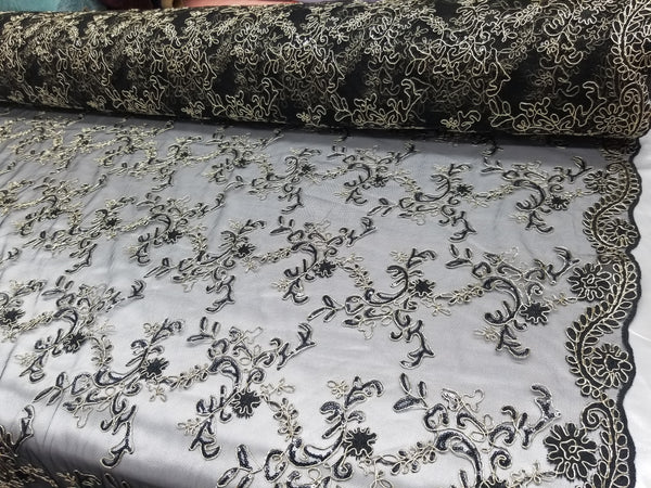 1 Yard Black Champagne Metallic Flowers Sequins Mesh Lace Fabric for Tablecloths and Costumes 54 Inch Width