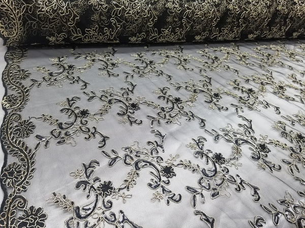 1 Yard Black Champagne Metallic Flowers Sequins Mesh Lace Fabric for Tablecloths and Costumes 54 Inch Width