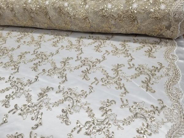 1 Yard Champagne Metallic Flowers Sequins Mesh Lace Fabric for Tablecloths and Costumes 54 Inch Width